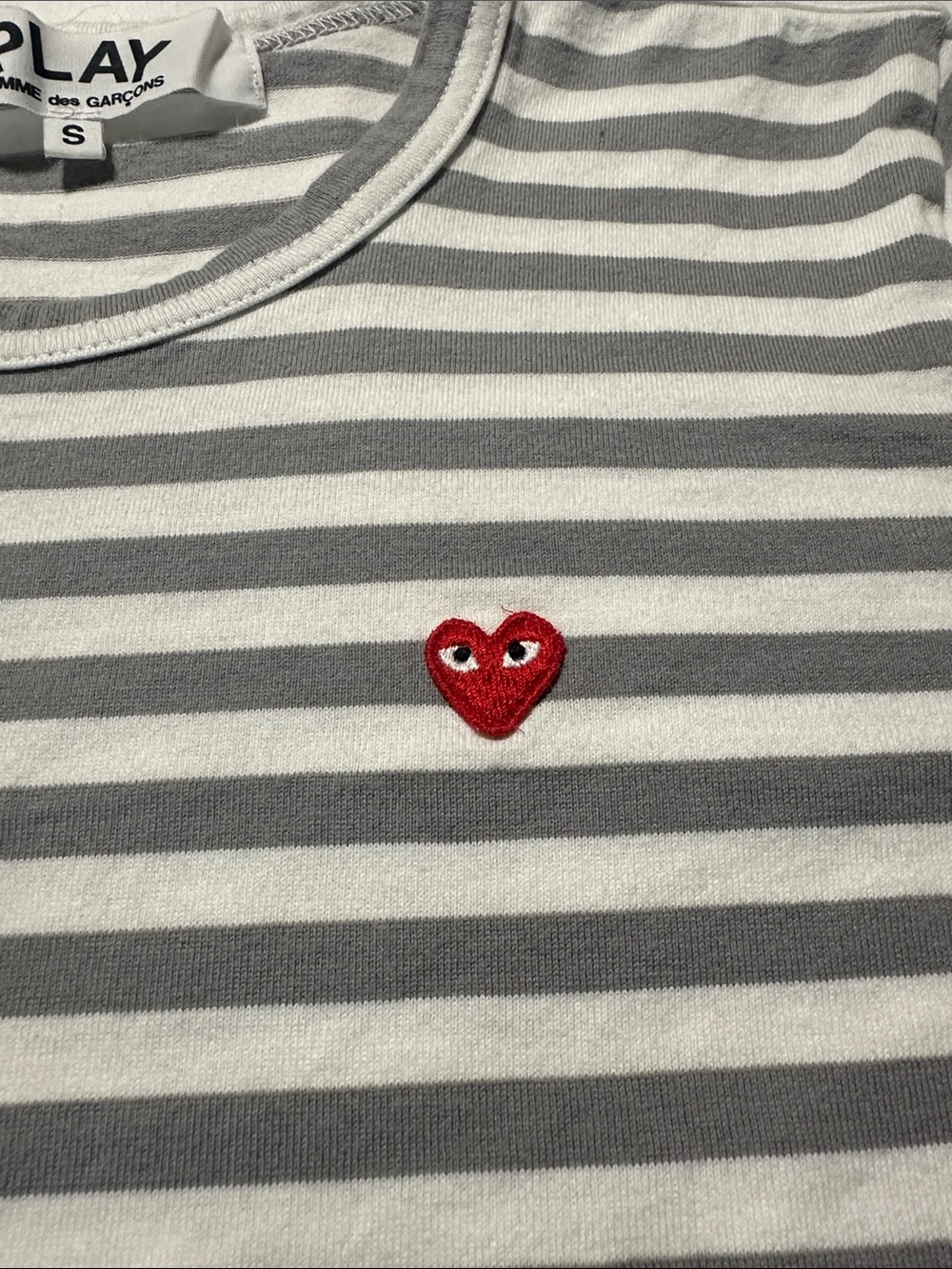 Comme des Garçons PLAY Gray & White Striped Long Sleeve Tee with Red Heart - Picture 2 of 8